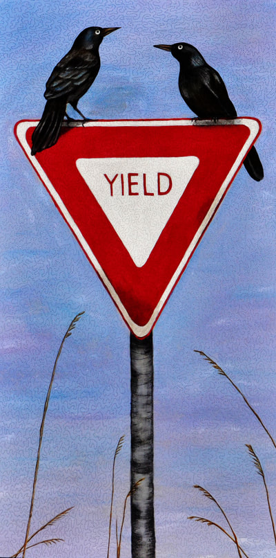 Black, Birds, Yield Sign, Red, Quilt, Quilting, Art, Fiber Art, Acrylic Painting, Urban Wildlife