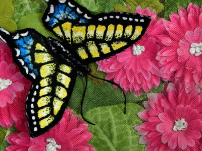 Swallowtail, Butterfly, Flower, Pink, Leaves, Flowers, Blue, Yellow, Quilt, Quilting, Art, Artwork, Fiber Art, Acrylic Painting, 
