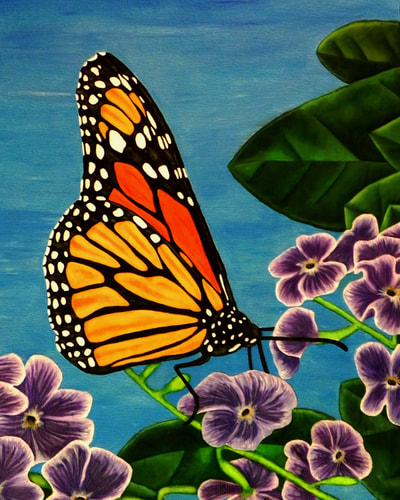 Monarch Butterfly, Purple, Flowers, Leaves, Blue Sky, Quilt, Quilting, Art, Fiber Art, Acrylic Painting