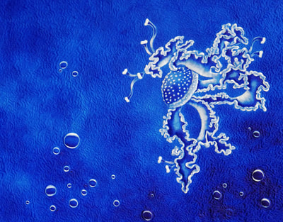 Jellyfish, Blue, White, Bubbles, Sea life, Ocean, Water, Nature, Quilt, Art, Fiber Art, Acrylic Painting, Quilting