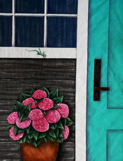 Front Door, Turquoise, Blue, Pink, Flowers, Plant, Leaves, Green, Window, lizard, Reptile, Hardware, Bronze, Quilt, Quilting, Art, Fiber Art, Acrylic Painting, House, Home, Front Porch, Architecture
