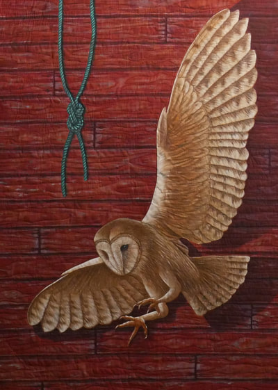 Owl, Barn Owl, Bird, Wings, Feathers, Red Barn, Talons, Rope, Knot, Weathered Wood, Farm, Quilt, Quilting, Art, Fiber Art, Acrylic Painting, Turquoise, Blue, White, Brown