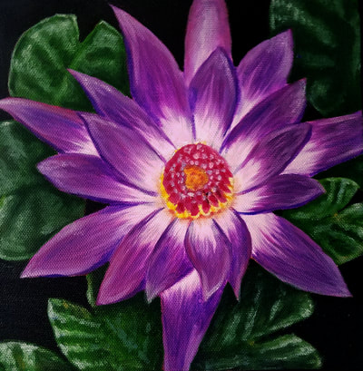 Lily Pad, Flower, Purple, Leaves, Green, Acrylic Painting, Art, Artwork