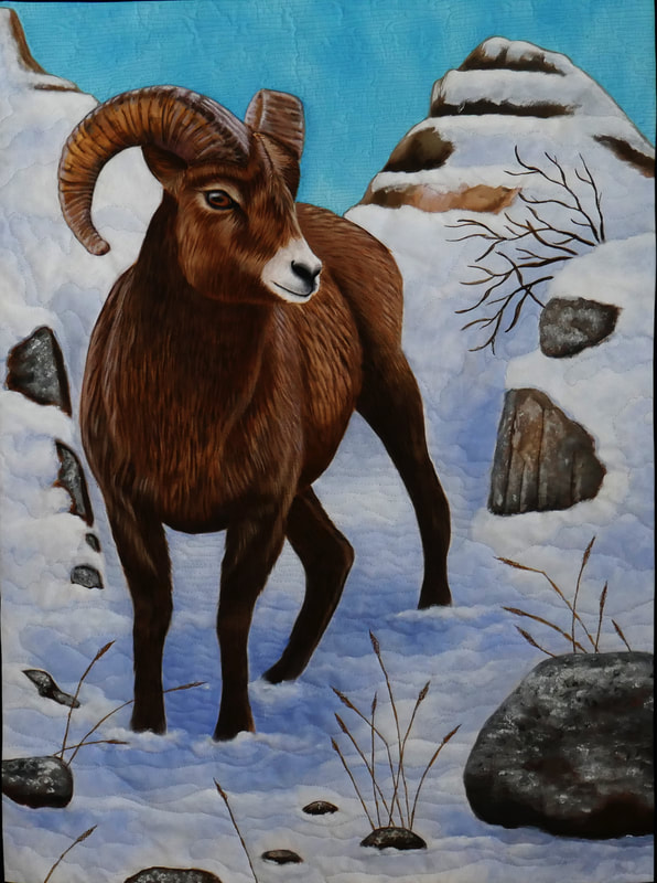 Big horn sheep, ram, horns, nature, mountain, Montana, Wyoming, quilt, art quilt, art