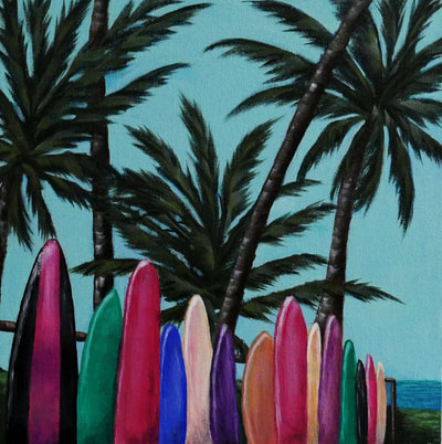 Surfboards, Palm Trees, Ocean, Beach, Tropical, Pink, Blue, Acrylic Painting, Art, Artwork