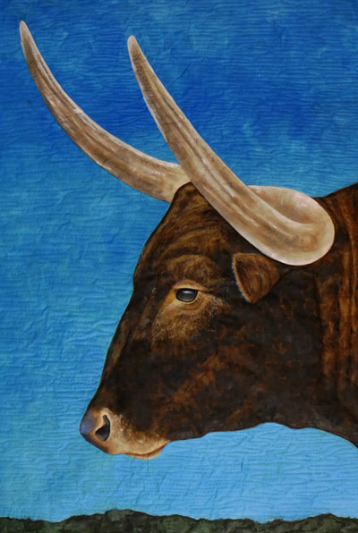 Brown Bull, Texas, Cow, Cattle, Blue Sky, Quilt, Art, Fiber Art, Acrylic Painting, Animal, Farm Animal, Quilting, Horns