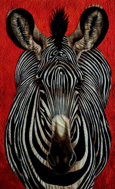 Zebra, Red, Black and White, African Wildlife, Quilt, Quilting, Art, Fiber Art, Acrylic Painting