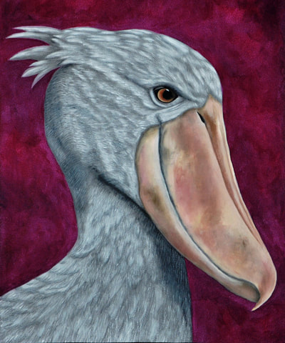 Shoe billed stork, Bird, African animal, Red, Grey, Quilt, Quilting, Art, fiber Art, Acrylic Painting