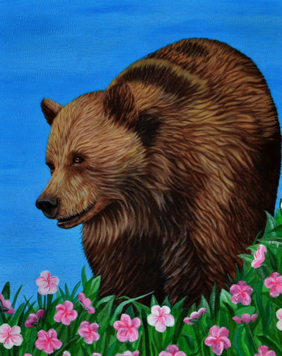 Grizzly, Yellowstone, Bear, Flowers, Pink, Blue sky, Quilt, Quilting, Art, Fiber Art, Acrylic Painting
